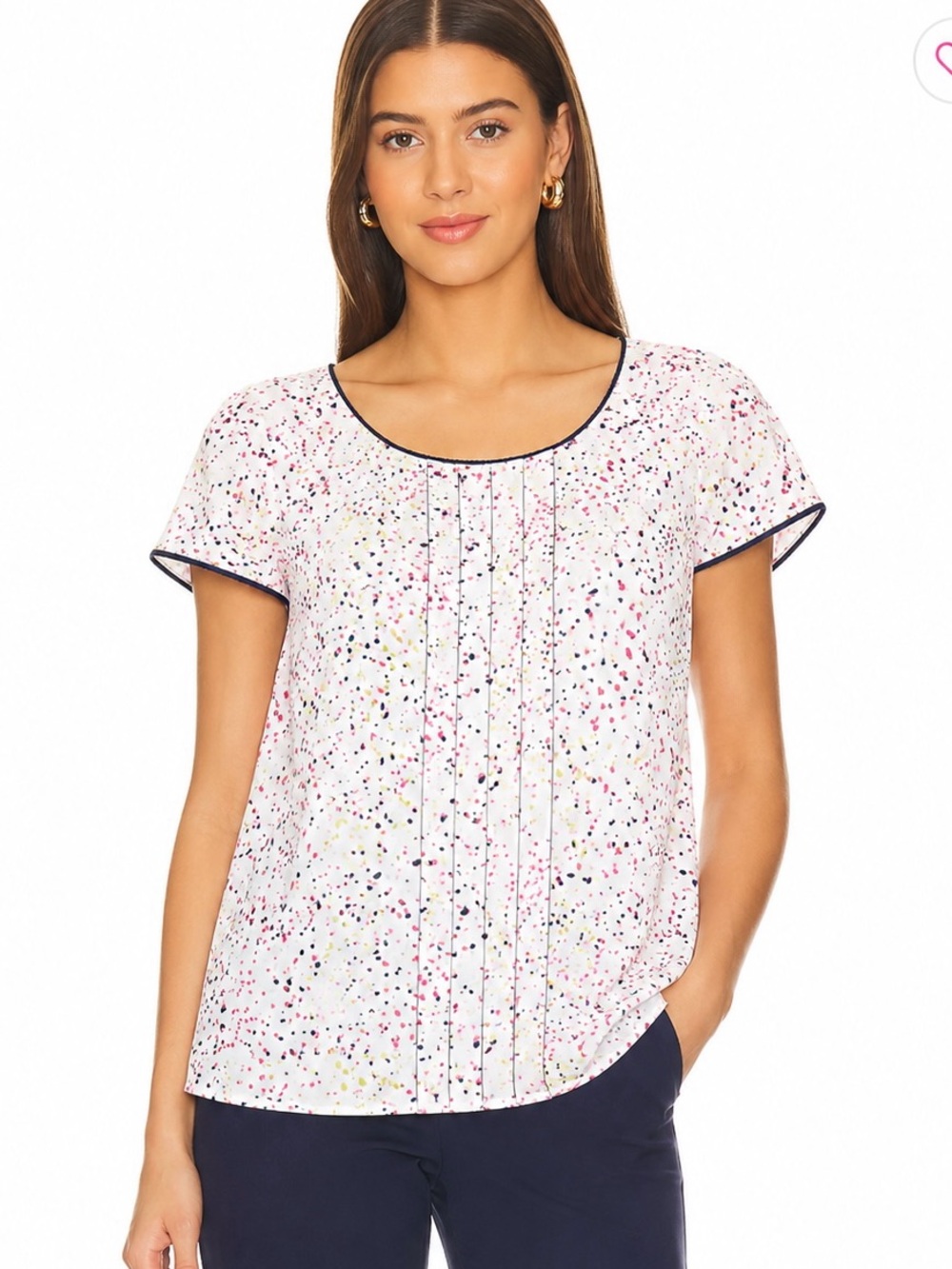 Ann Taylor White Speckled Pintuck Short-Sleeve Top with Navy Trim print